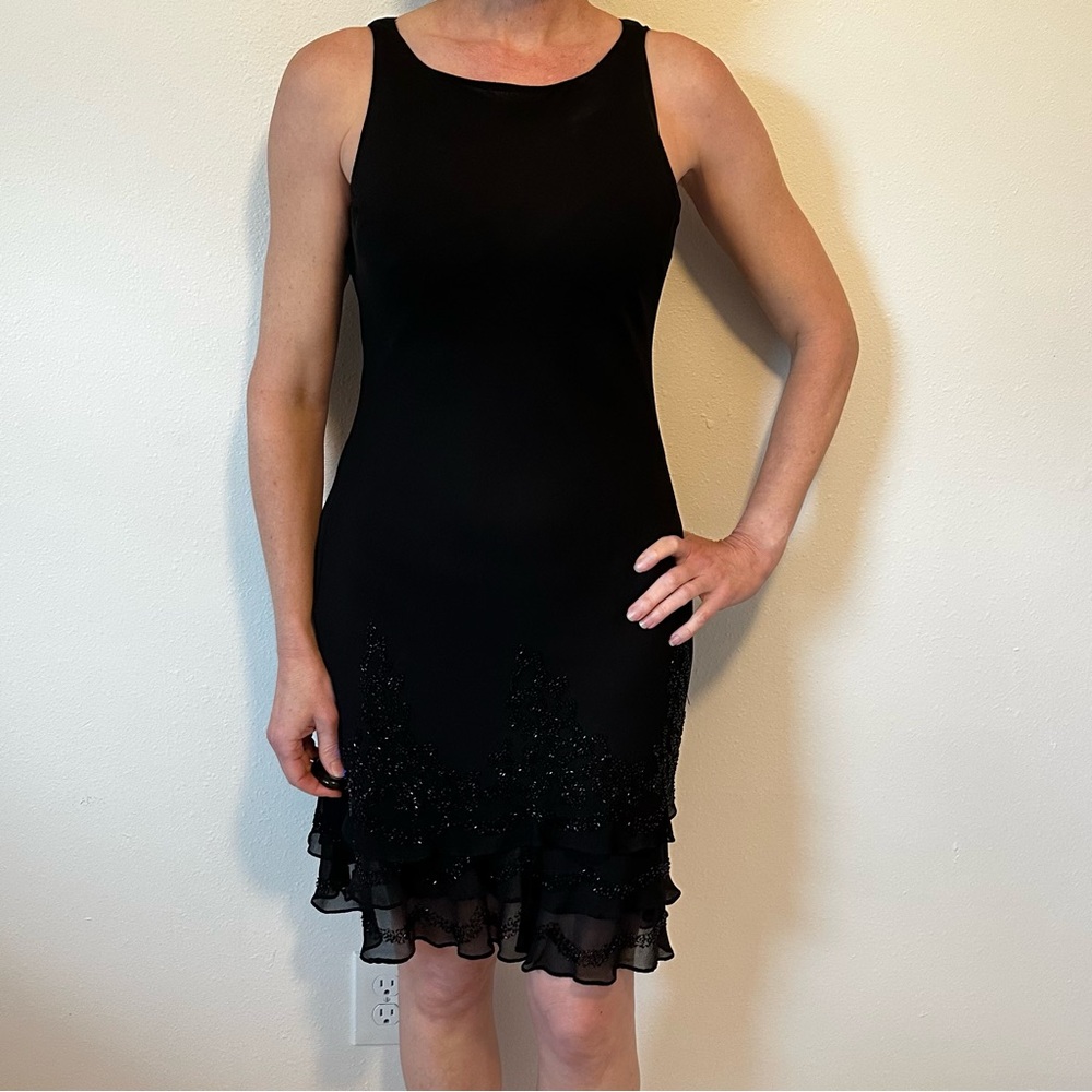 Jones New York Elegant Black Ruffle Beaded Dress
